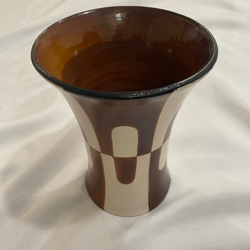 Hand-Painted Brown and Cream Ceramic Vase